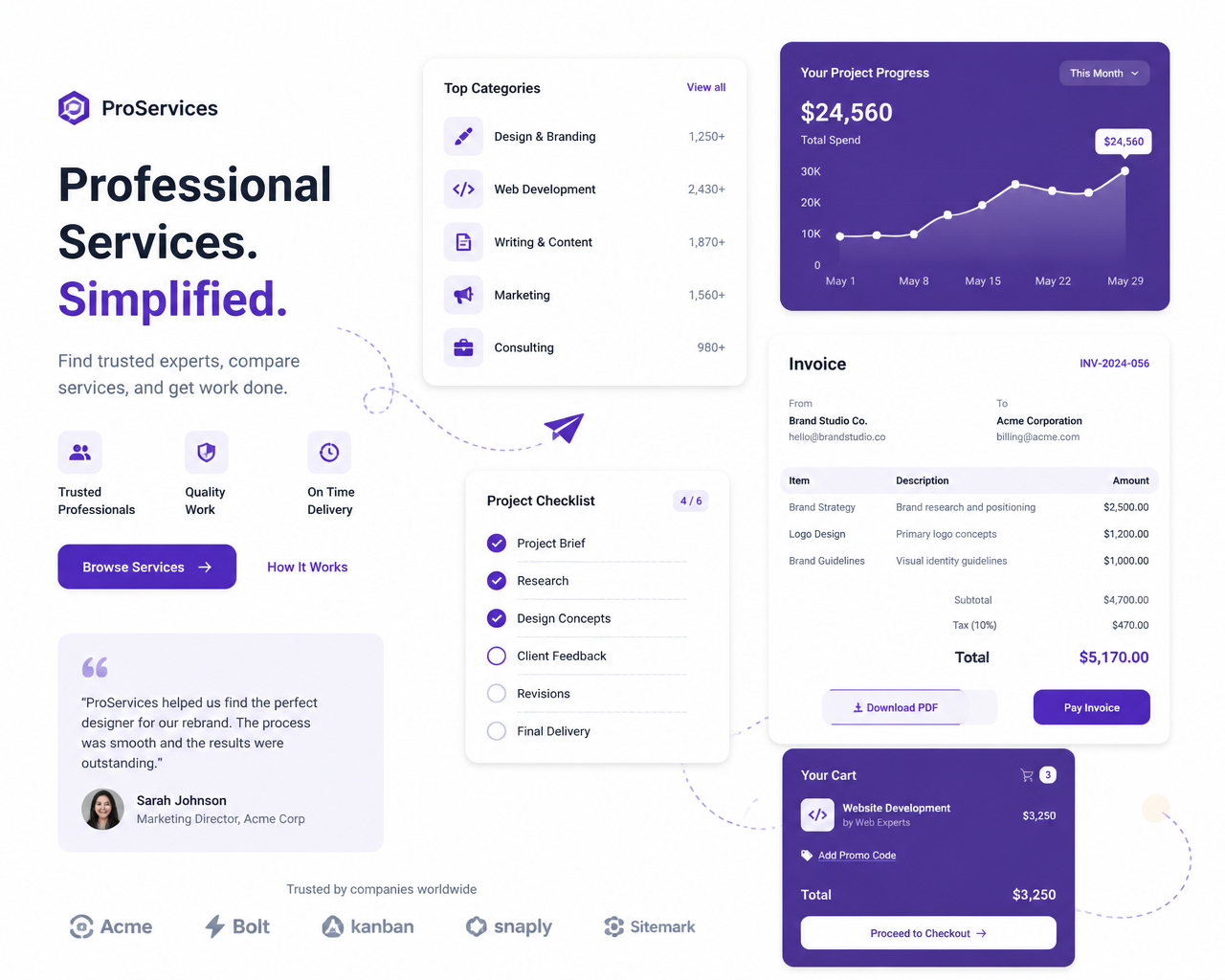 Illustration of professional service cards, invoices and a service cart